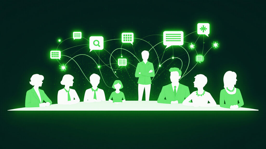 Retro-style illustration of a sales and marketing team linked by glowing green data icons, representing alignment through clean data.