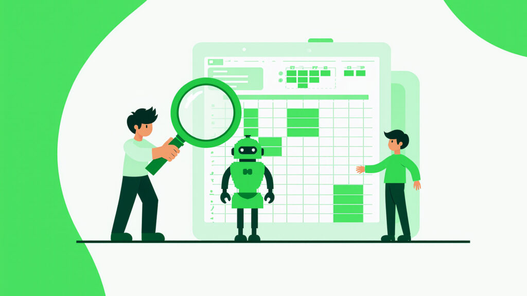 Pixel-art style robot and people using a magnifying glass to check a spreadsheet, symbolizing human + automation in data quality.